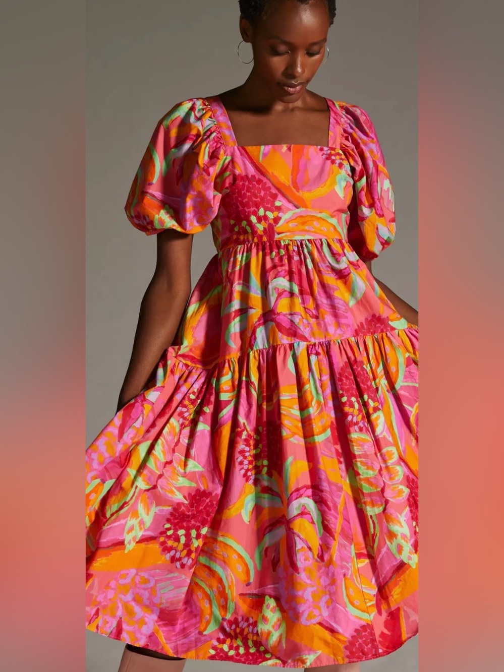 FARM Rio Vibrant Pink Floral Puff-Sleeve Midi Dress with Orange & Mint